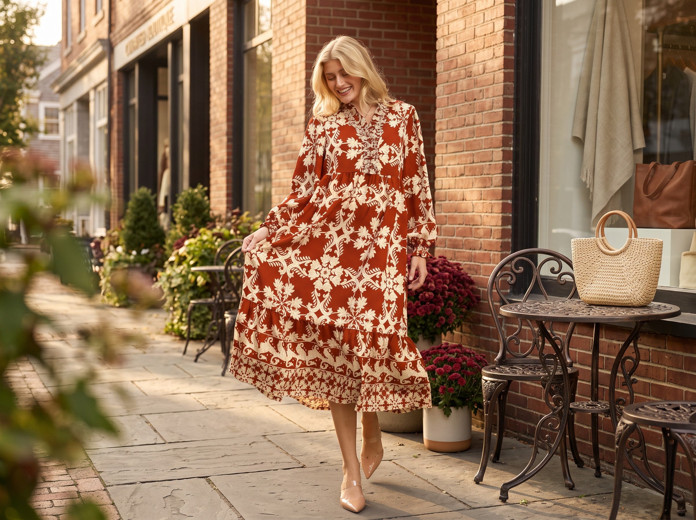 A woman walking outdoors on a brick sidewalk wearing a rust-orange and cream floral maxi dress. She is walking past a brick building with storefront windows, potted flowers, and a small outdoor table with a woven handbag.