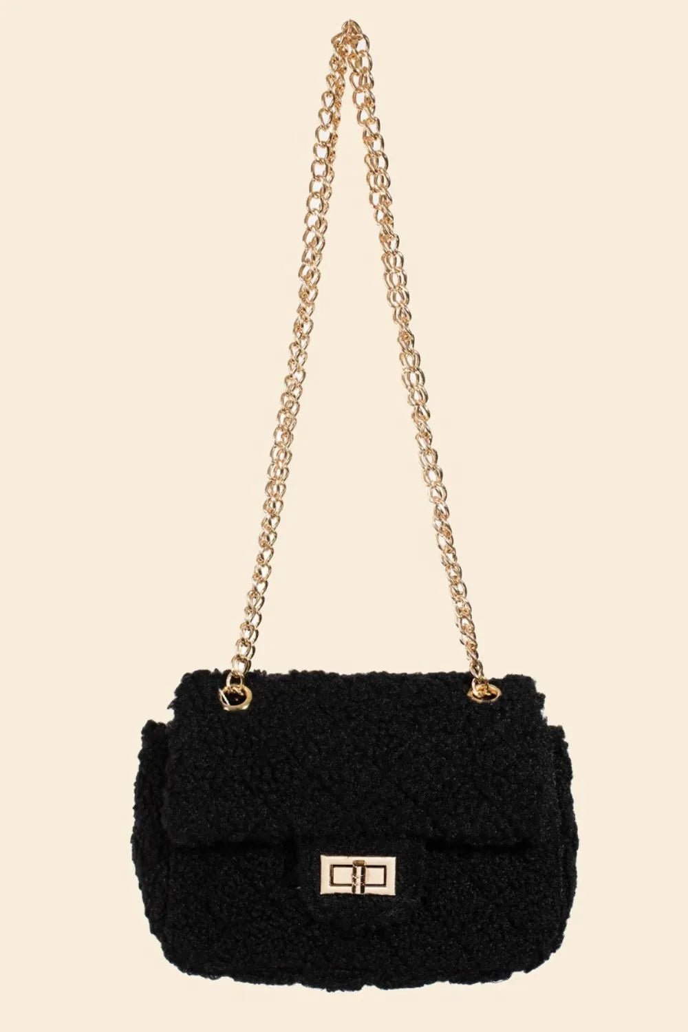 FAME ACCESSORIES - Black Sherpa Chain Shoulder Bag