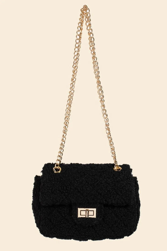 FAME ACCESSORIES - Black Sherpa Chain Shoulder Bag