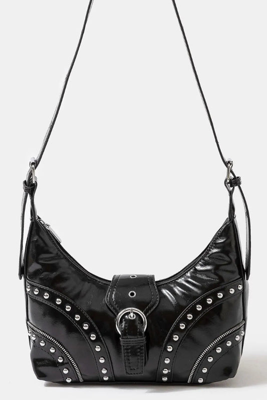 FAME ACCESSORIES - Black Vegan Leather Studded Shoulder Bag