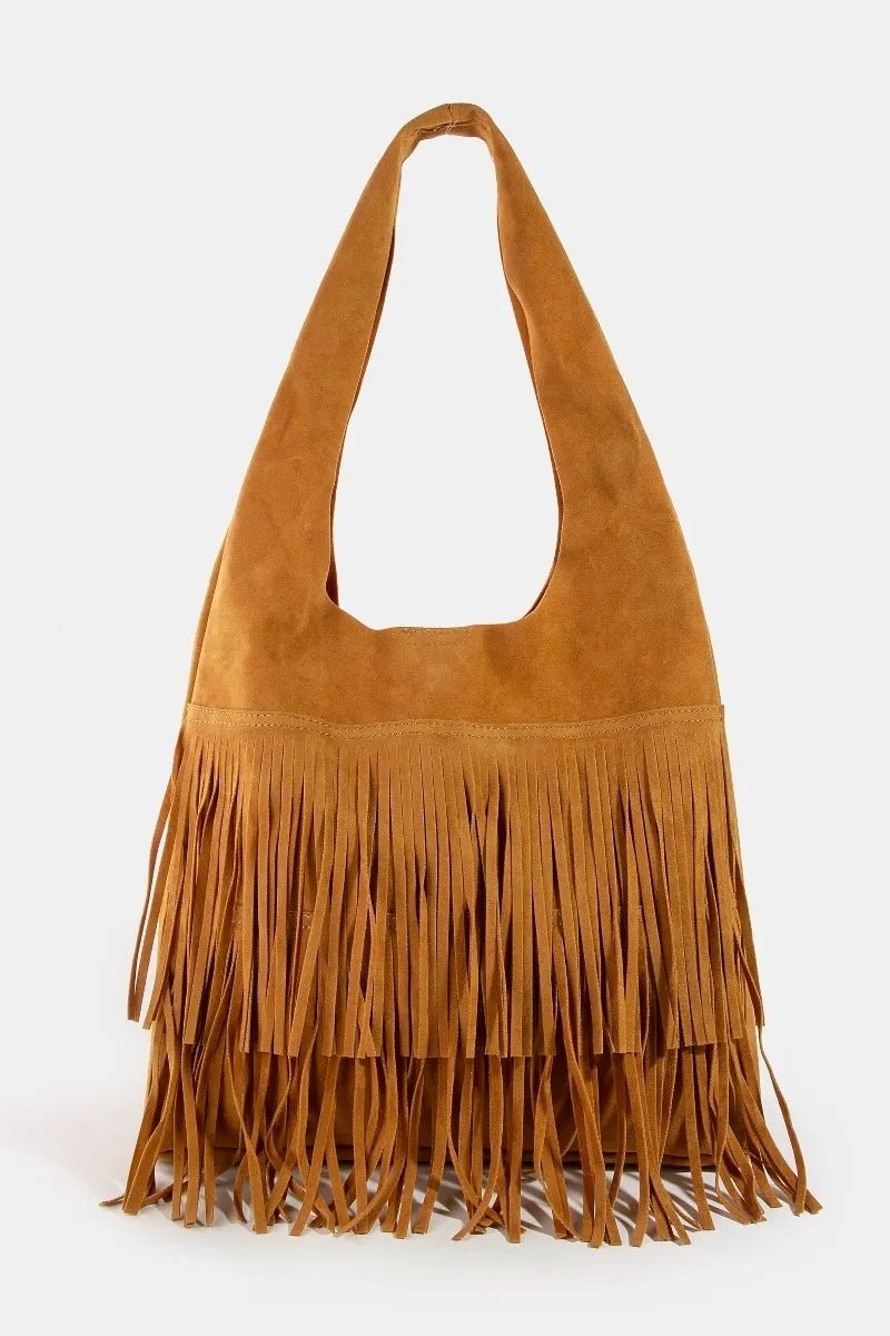 FAME ACCESSORIES - Camel Vegan Suede Fringe Shoulder Bag