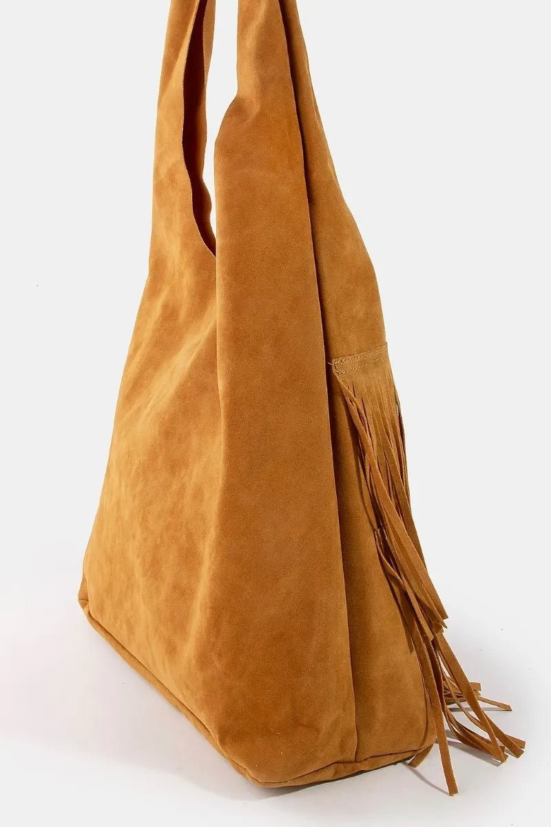 FAME ACCESSORIES - Camel Vegan Suede Fringe Shoulder Bag
