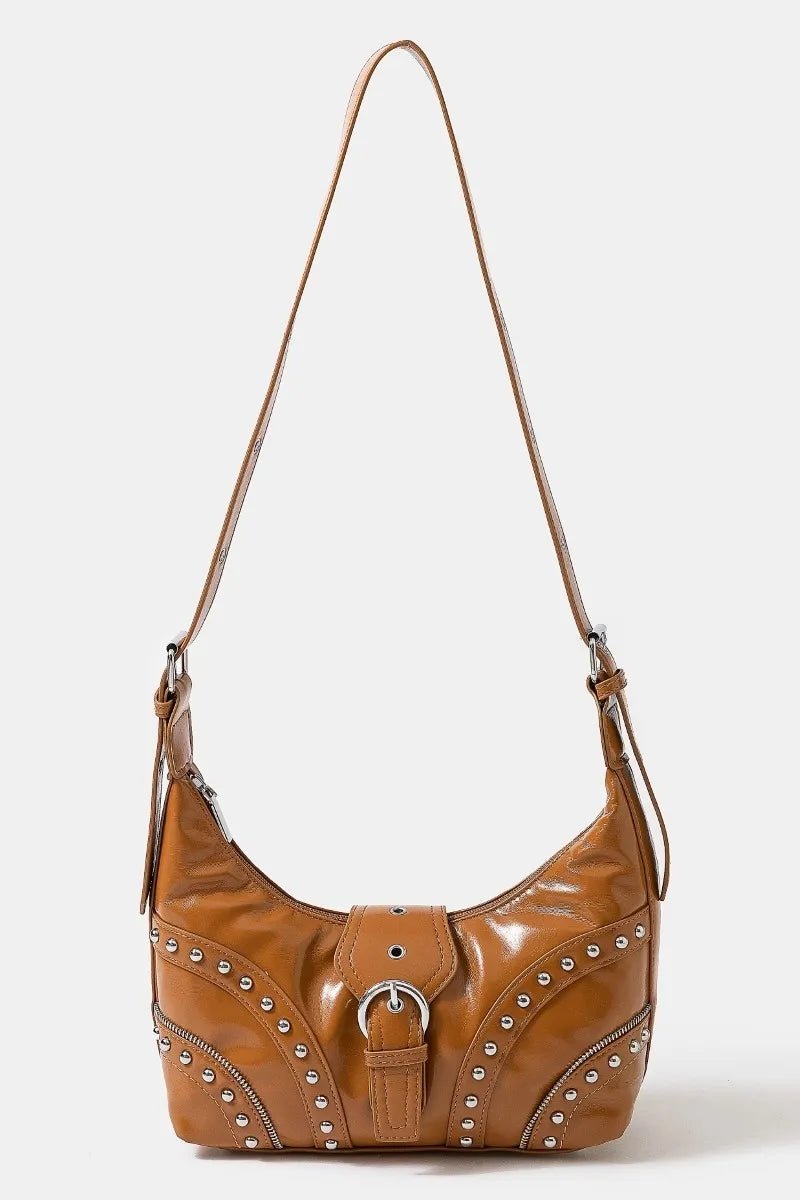 FAME ACCESSORIES - Caramel Vegan Leather Studded Shoulder Bag