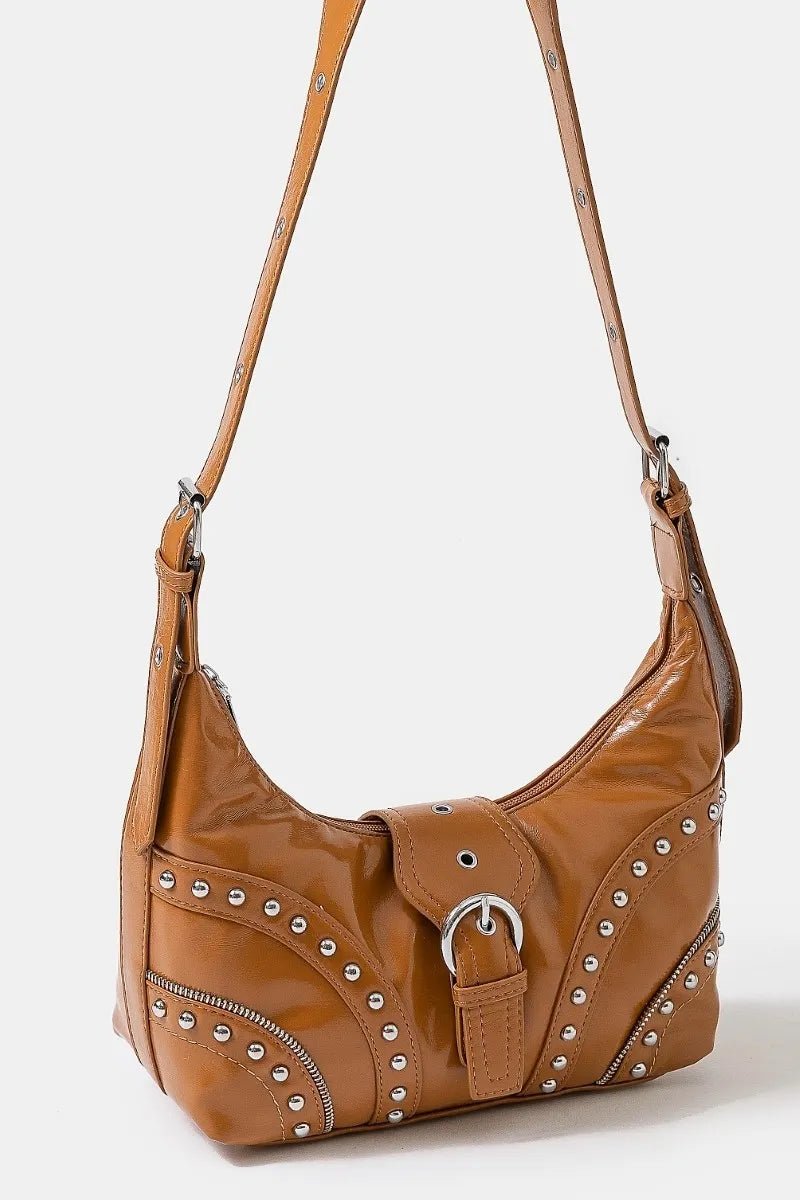 FAME ACCESSORIES - Caramel Vegan Leather Studded Shoulder Bag