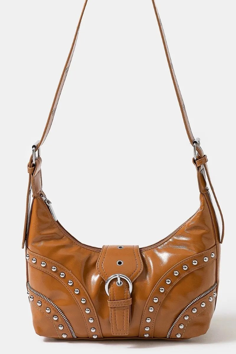FAME ACCESSORIES - Caramel Vegan Leather Studded Shoulder Bag