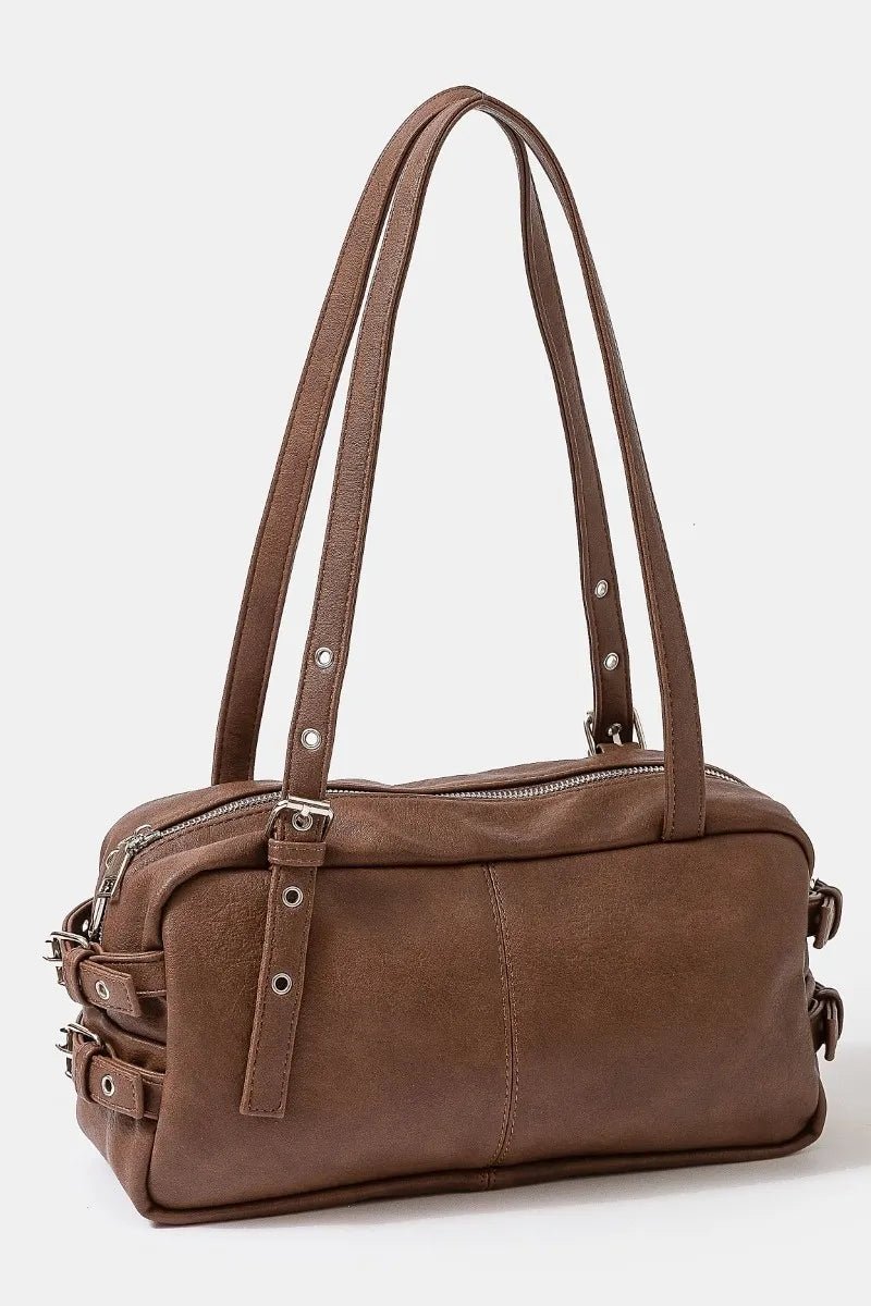 FAME ACCESSORIES - Chestnut Brown Vegan Leather Shoulder Bag with Buckle Detail