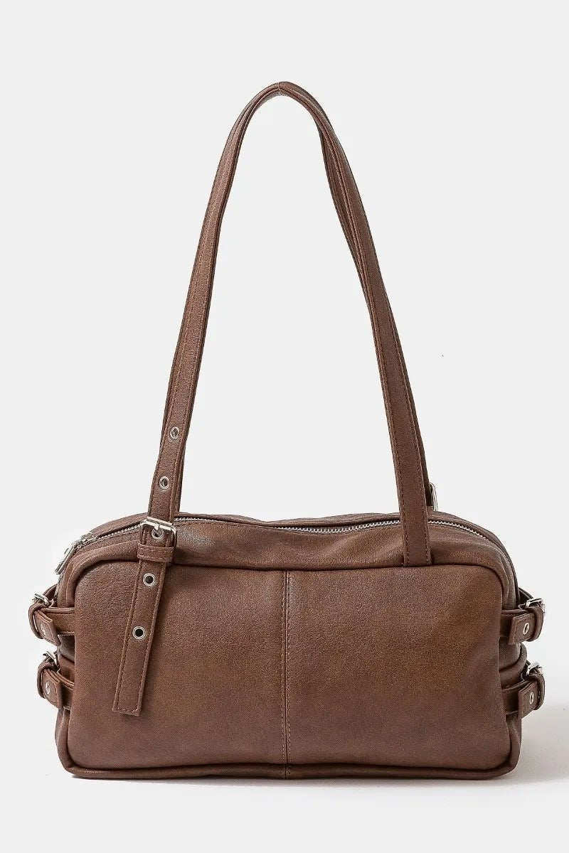 FAME ACCESSORIES - Chestnut Brown Vegan Leather Shoulder Bag with Buckle Detail