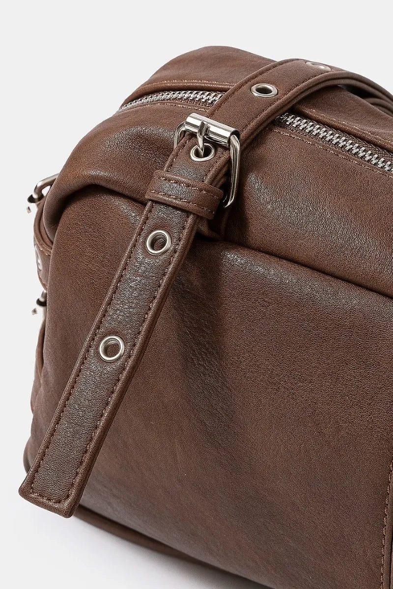 FAME ACCESSORIES - Chestnut Brown Vegan Leather Shoulder Bag with Buckle Detail