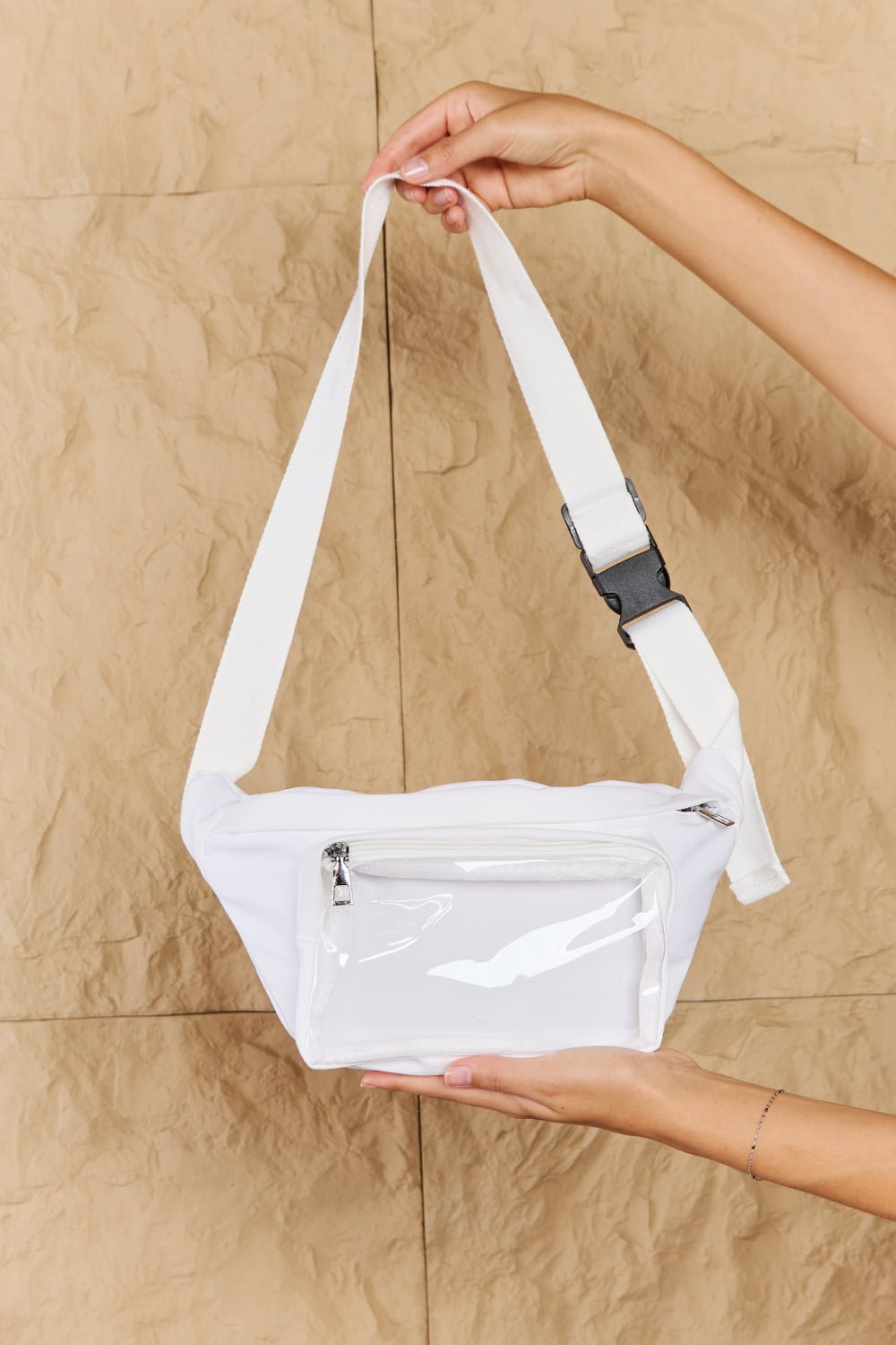 FAME ACCESSORIES - Clear Zipper Pocket Fanny Pack Bag in White