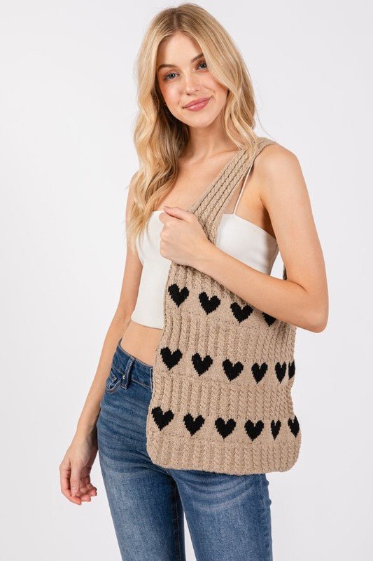 FAME ACCESSORIES - Contrast Heart Crochet Tote Bag