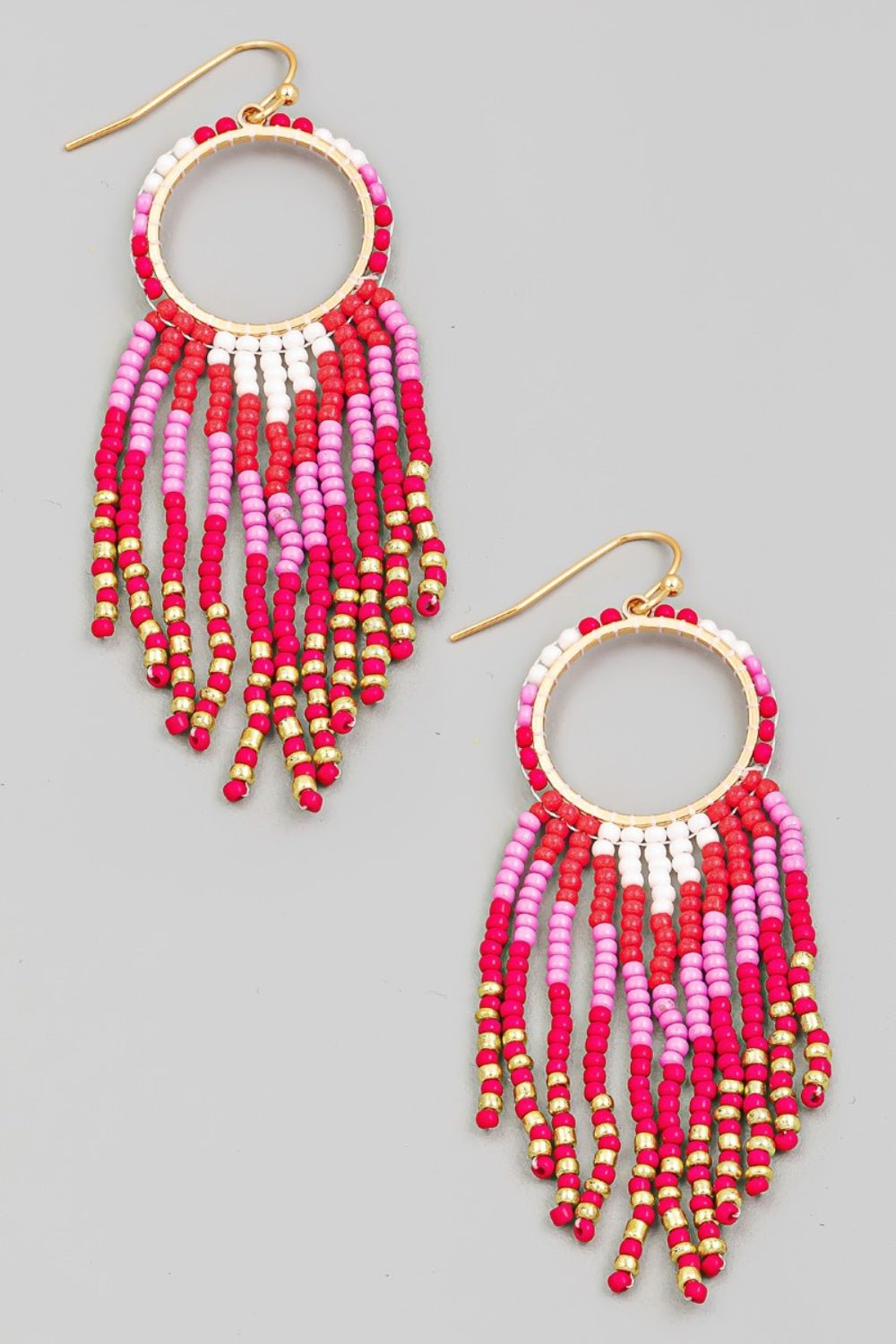 FAME ACCESSORIES - Fuchsia Circle Cutout Seed Beaded Fringe Earrings