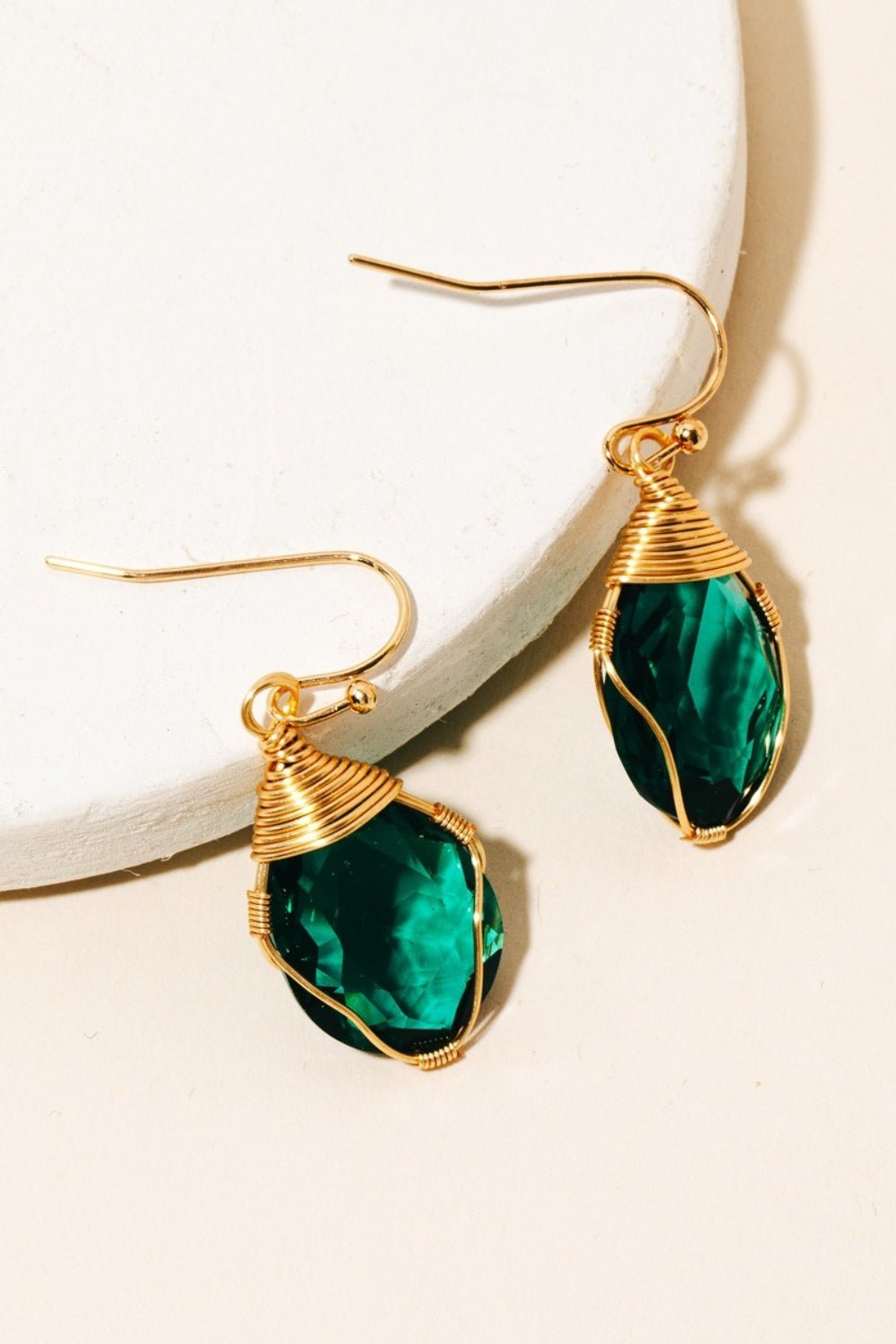 FAME ACCESSORIES - Gold Wire Wrapped Glass Gem Dangle Earrings