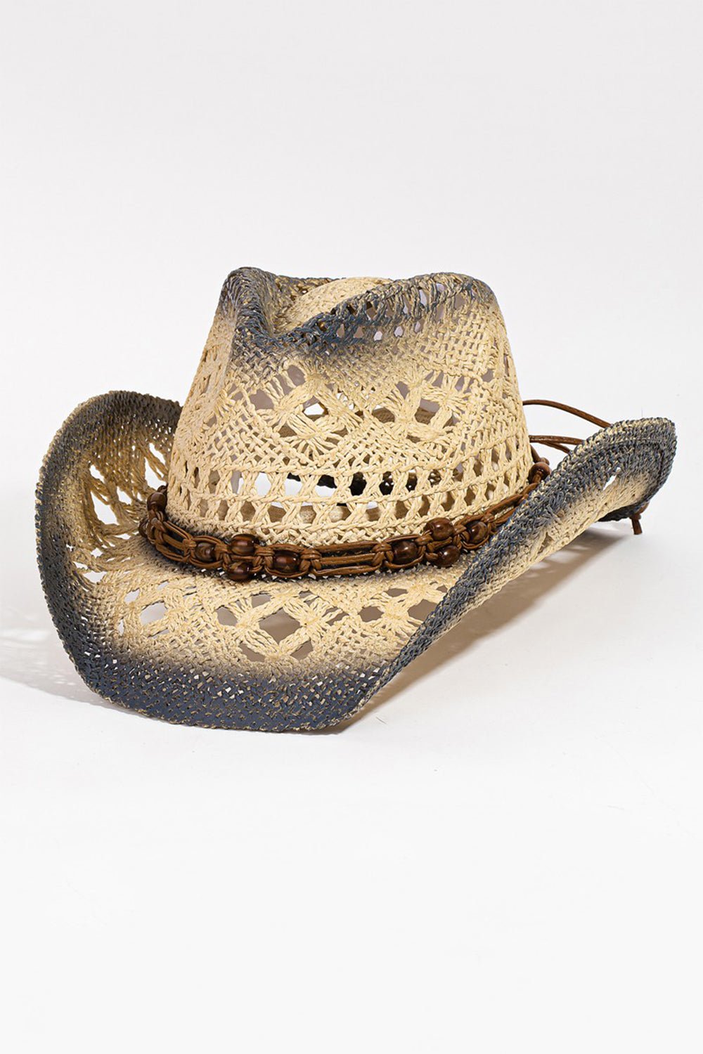 FAME ACCESSORIES - Gray Rope Band Wide Brim Straw Cowgirl Hat