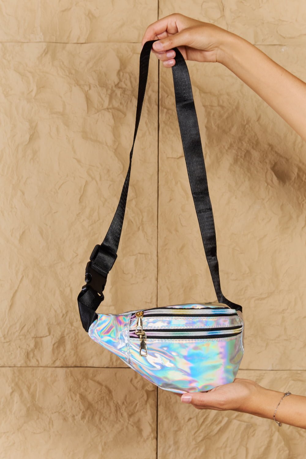 FAME ACCESSORIES - Holographic Double Zipper Fanny Pack in Silver