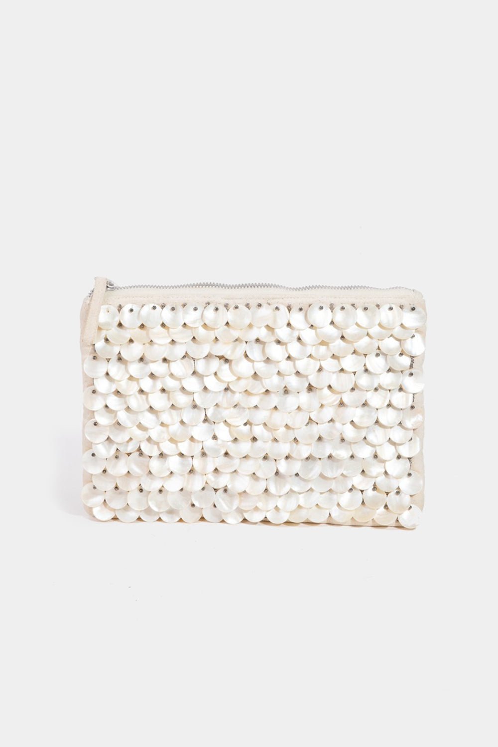 FAME ACCESSORIES - Mother Of Pearl Disc Beaded Clutch Bag in Ivory