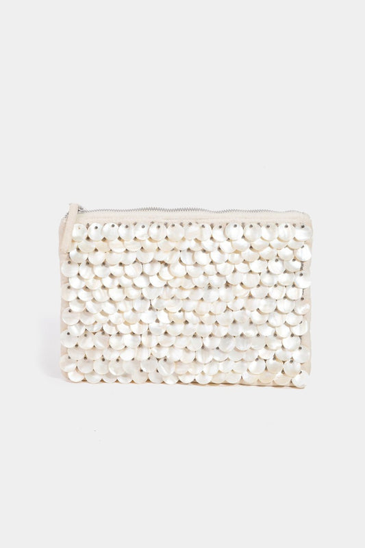 FAME ACCESSORIES - Mother Of Pearl Disc Beaded Clutch Bag in Ivory