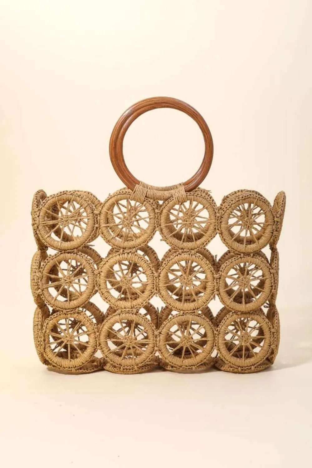 FAME ACCESSORIES - Natural Circle Weave Tote with Wooden Handles