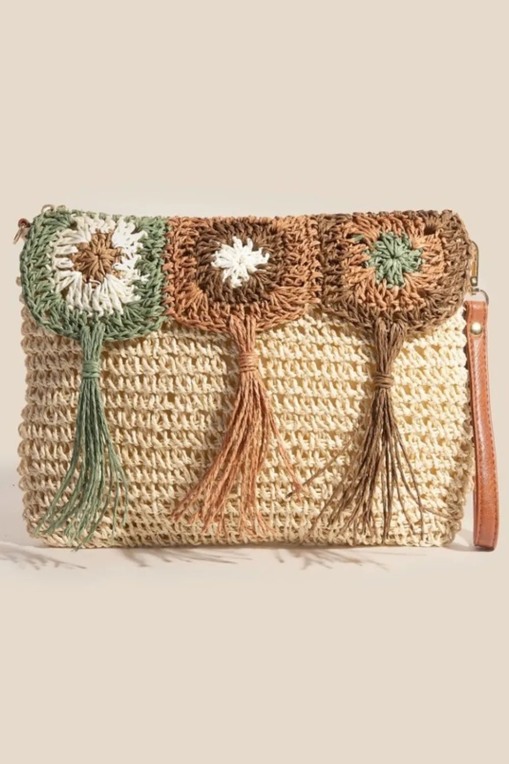 FAME ACCESSORIES - Natural Crochet Tassel Flap Straw Clutch