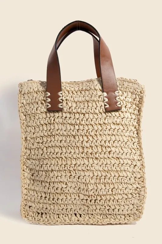 FAME ACCESSORIES - Natural Woven Tote with Brown Vegan Leather Handles