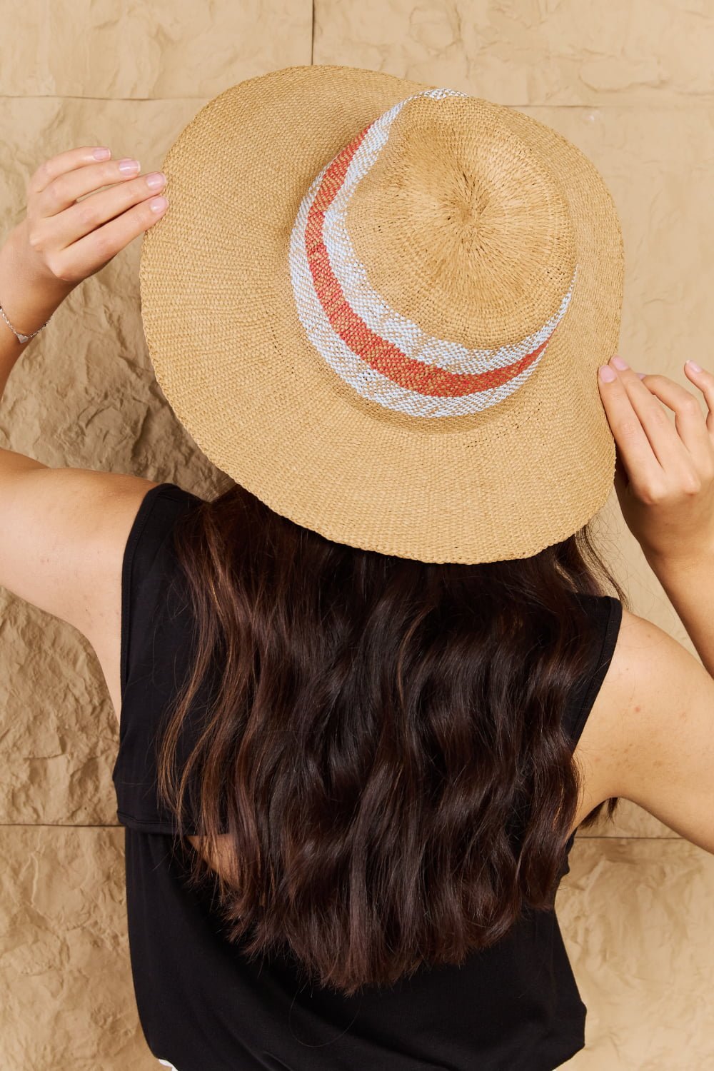 FAME ACCESSORIES - Orange Band Straw Sun Hat in Tan