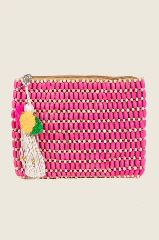 FAME ACCESSORIES - Pink Beaded Clutch with Pom Pom Tassel Charm