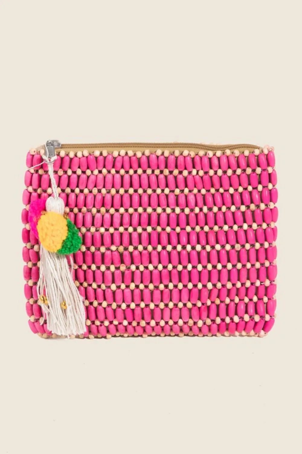 FAME ACCESSORIES - Pink Beaded Clutch with Pom Pom Tassel Charm