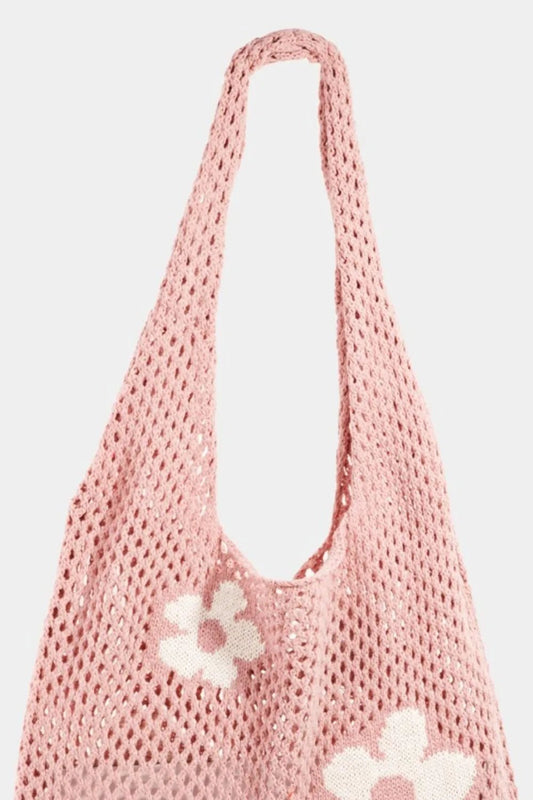 FAME ACCESSORIES - Pink Crochet Daisy Mesh Tote Bag