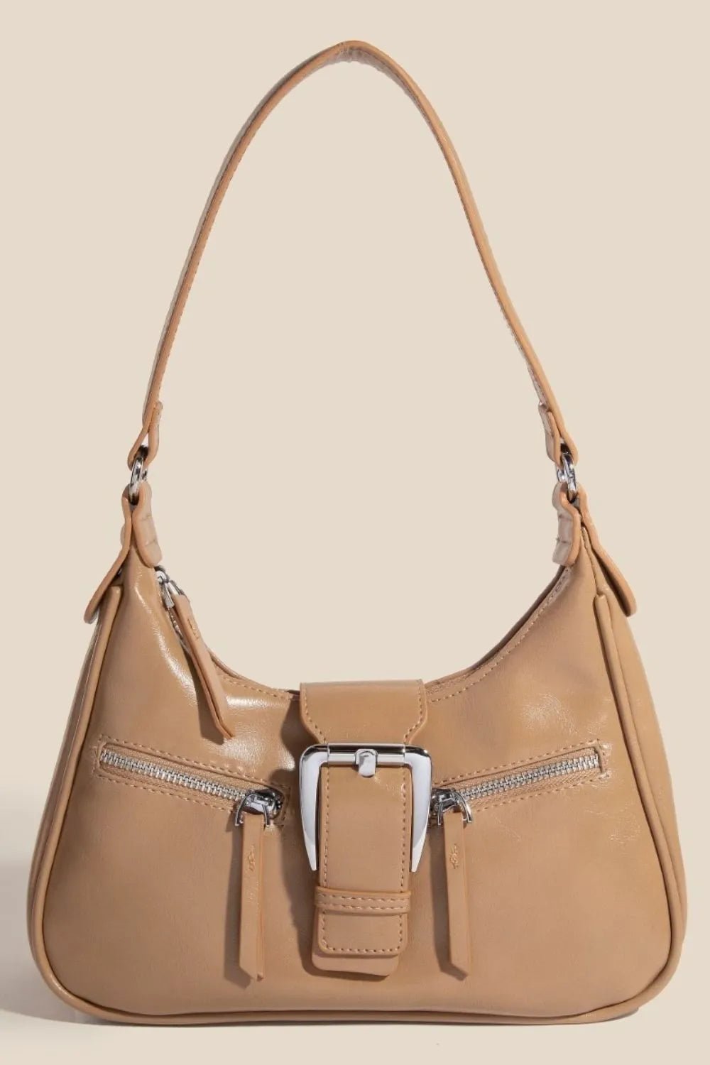FAME ACCESSORIES - Tan Vegan Leather Buckle Strap Shoulder Bag
