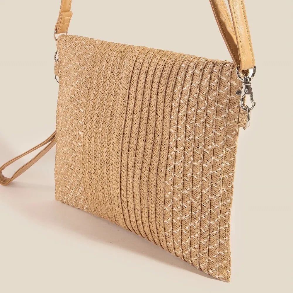 FAME ACCESSORIES - Tan Woven Straw Crossbody Clutch Bag