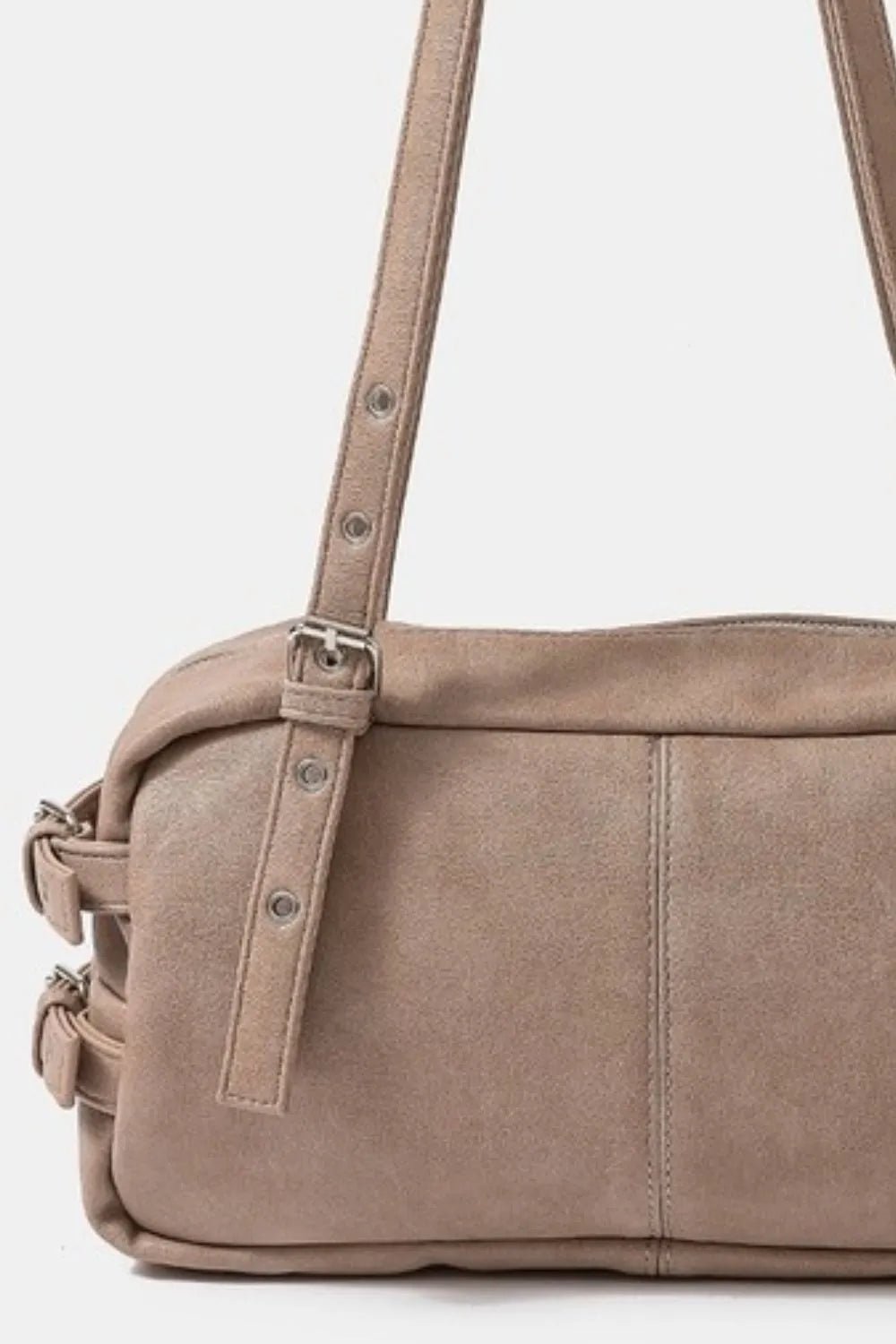 FAME ACCESSORIES - Taupe Vegan Leather Shoulder Bag with Buckle Detail