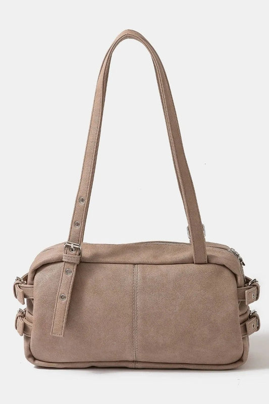 FAME ACCESSORIES - Taupe Vegan Leather Shoulder Bag with Buckle Detail