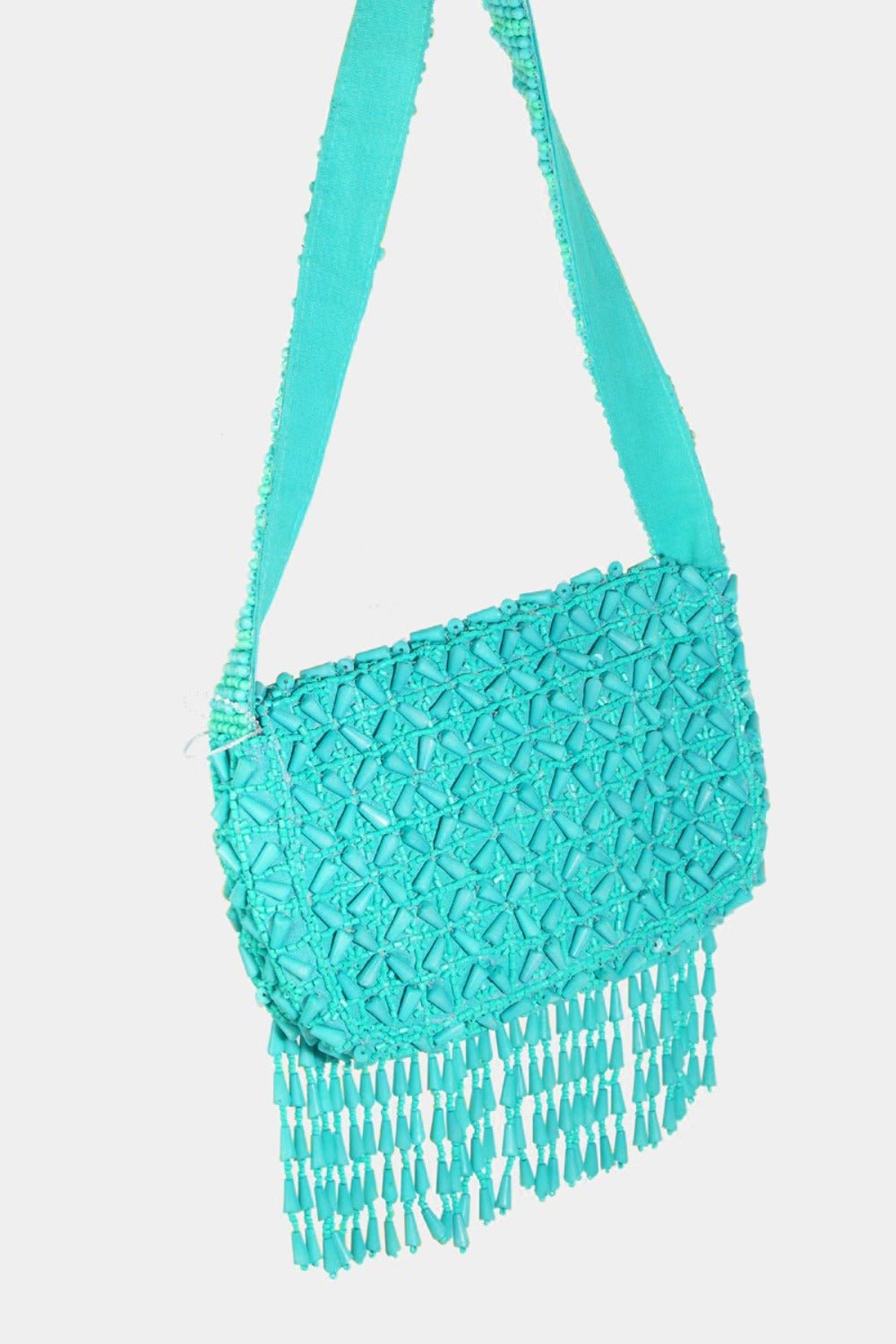 FAME ACCESSORIES - Tiffany Blue Beaded Fringe Baguette Bag