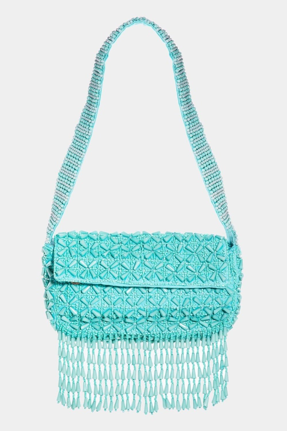 FAME ACCESSORIES - Tiffany Blue Beaded Fringe Baguette Bag