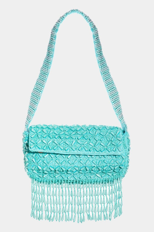 FAME ACCESSORIES - Tiffany Blue Beaded Fringe Baguette Bag