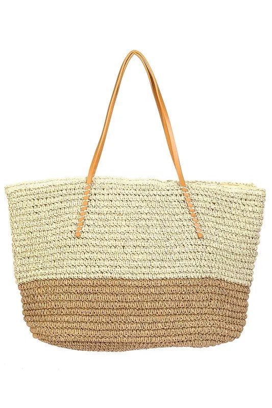 FAME ACCESSORIES - Two - Tone Woven Straw Tote with Tan Handles