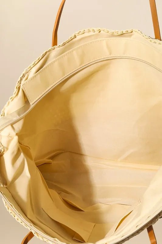 FAME ACCESSORIES - Two - Tone Woven Straw Tote with Tan Handles