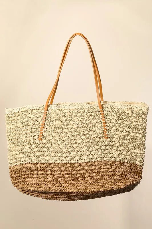 FAME ACCESSORIES - Two - Tone Woven Straw Tote with Tan Handles