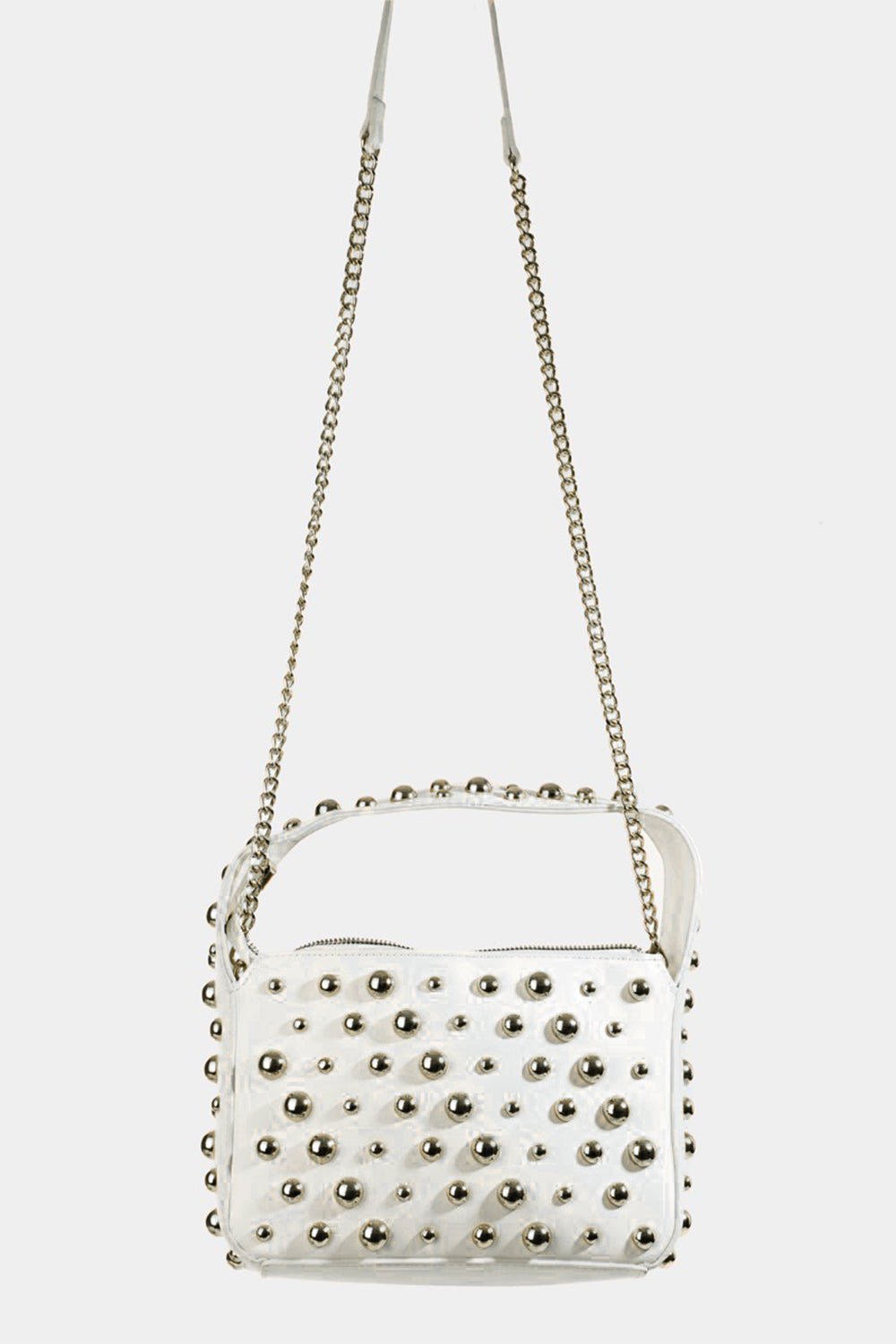 FAME ACCESSORIES - Vegan Leather Studded Square Handbag in Silver