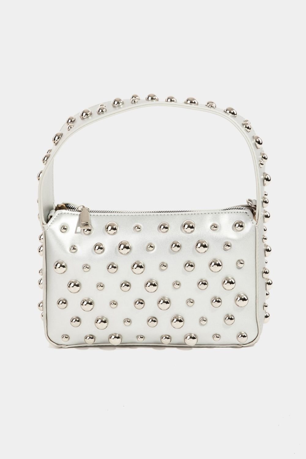 FAME ACCESSORIES - Vegan Leather Studded Square Handbag in Silver