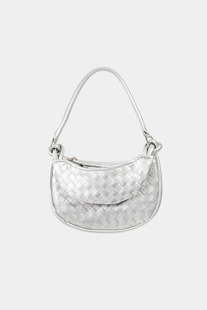 FAME ACCESSORIESVegan Leather Basket Weave Half Moon Bag in Silver