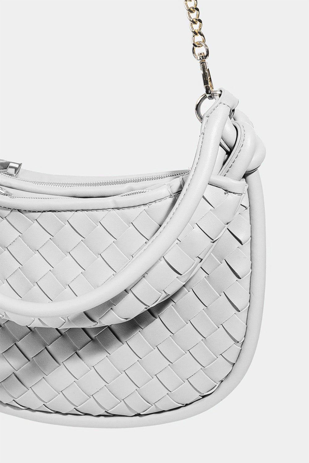 FAME ACCESSORIESVegan Leather Basket Weave Half Moon Bag in Silver