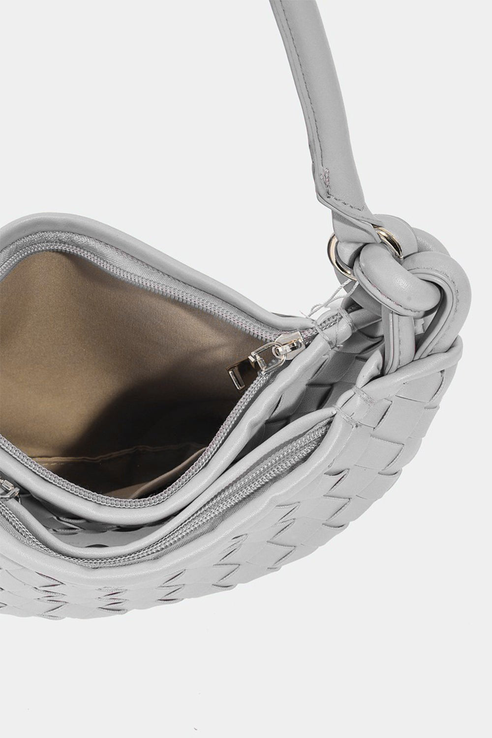 FAME ACCESSORIESVegan Leather Basket Weave Half Moon Bag in Silver