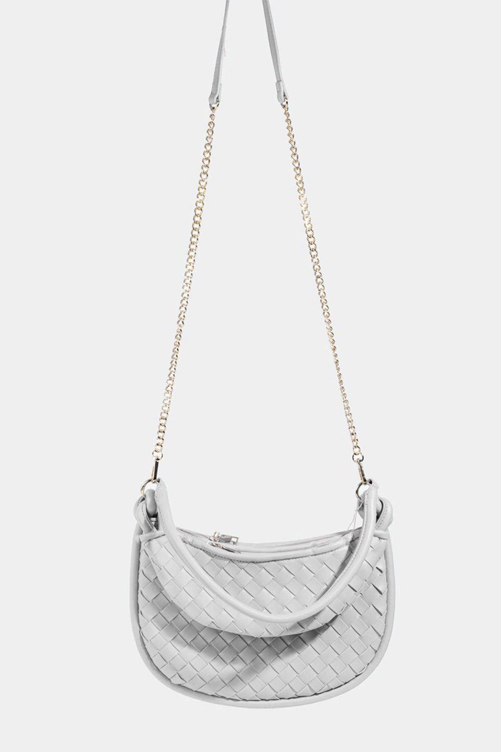 FAME ACCESSORIESVegan Leather Basket Weave Half Moon Bag in Silver