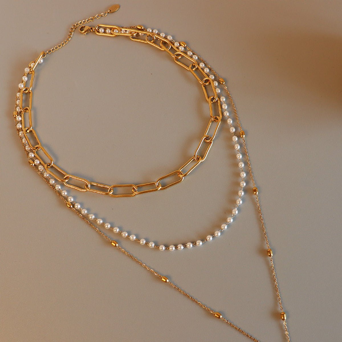 Faux Pearl and Gold Triple Strand NecklaceNecklaceBeach Rose Co.