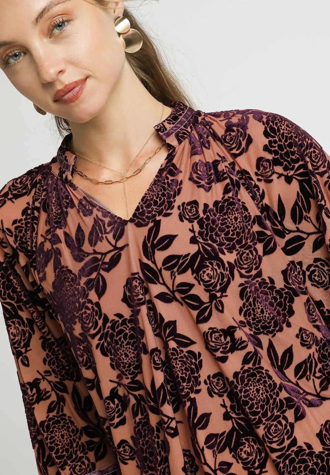 Rust Velvet Floral Print Top