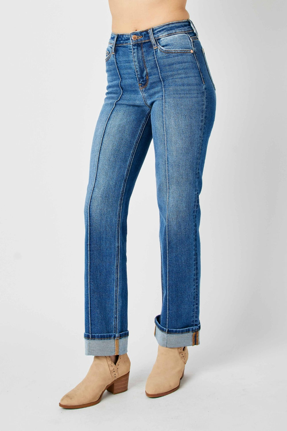 Medium Wash High Waist Front Seam Detail Straight Jeans