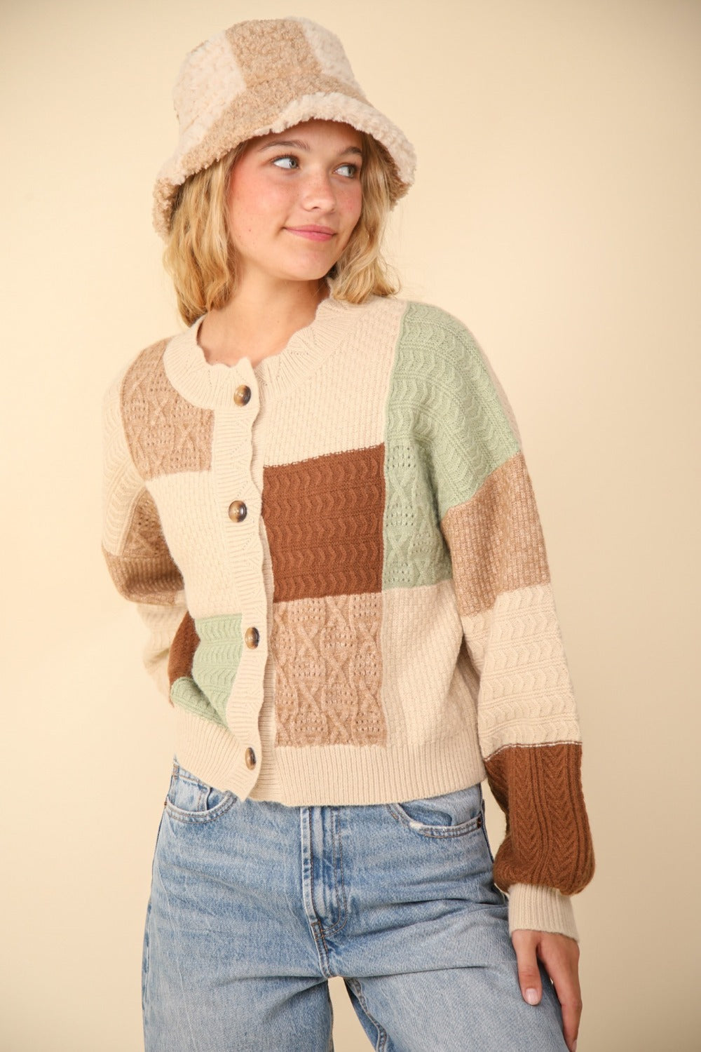 Color Block Button Down Textured Cardigan in Oatmeal