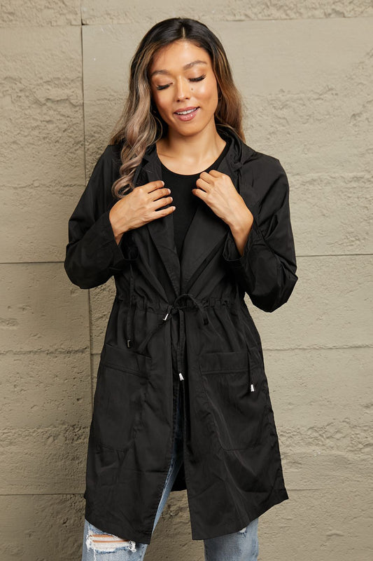 Black Drawstring Waist Hooded Longline Jacket