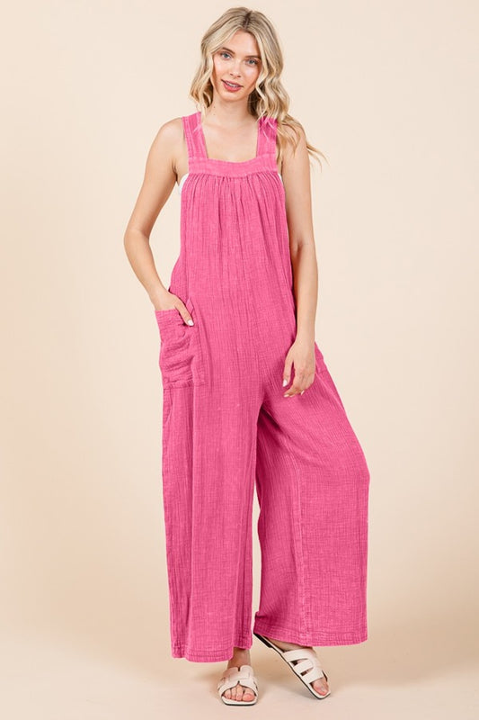 Sleeveless Wide Leg Cotton Overalls in Pink Girl
