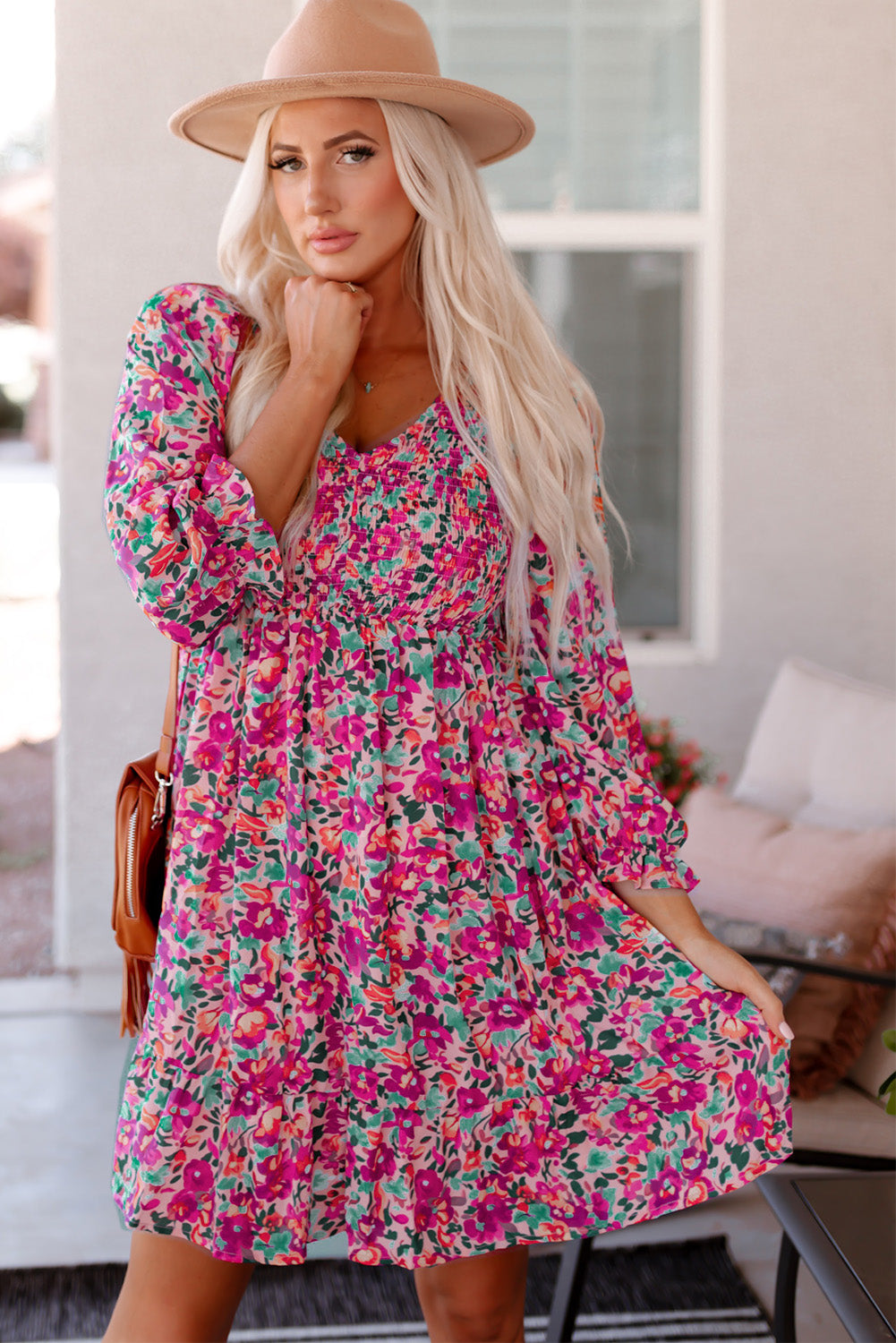 Floral Smocked V-Neck Mini Dress